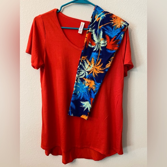 LuLaRoe Other - LuLaRoe 2 piece set. Red medium perfect tee. One Size palm tree leggings